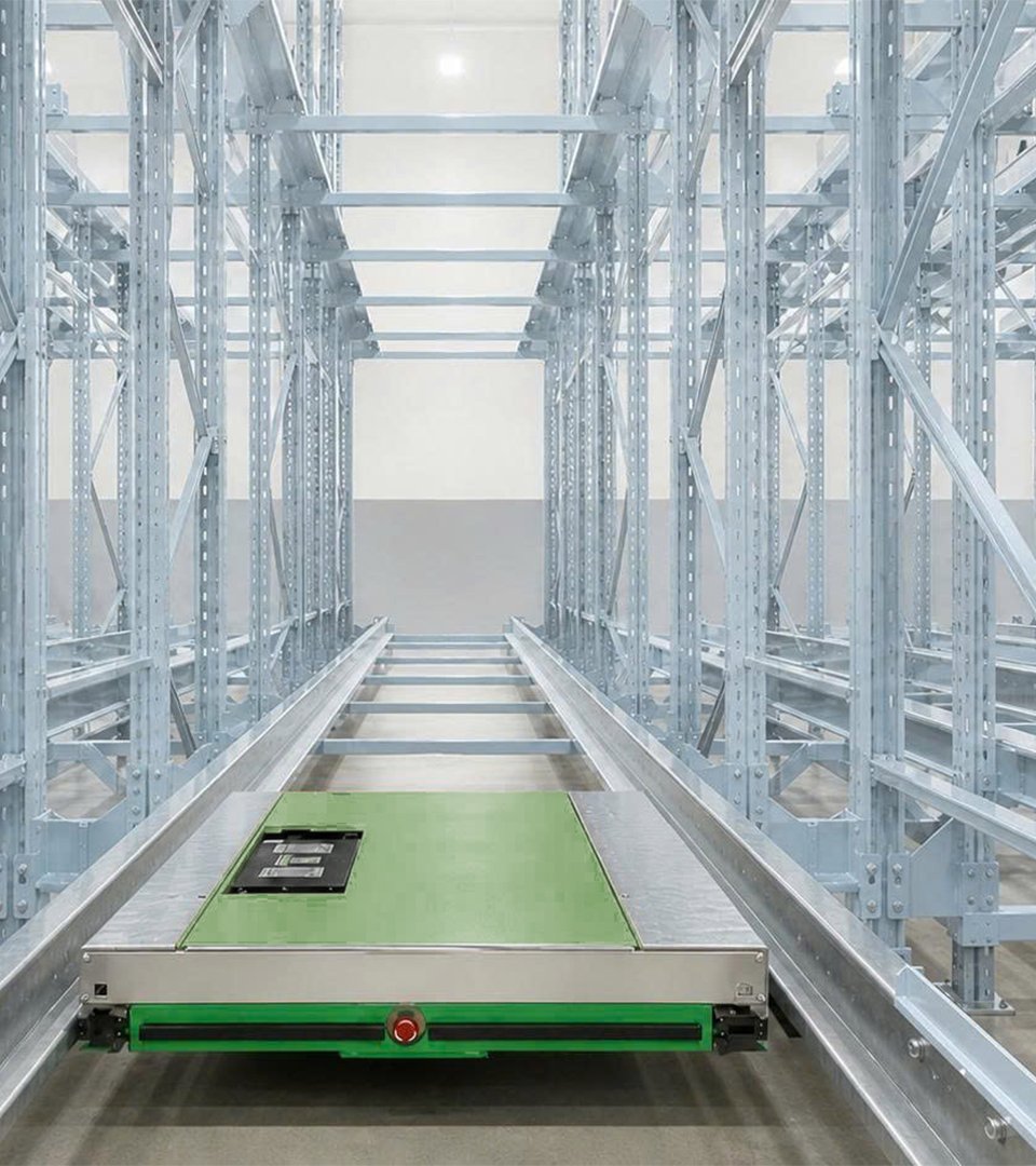 Entrepôt automatisé vide — production zéro stock
